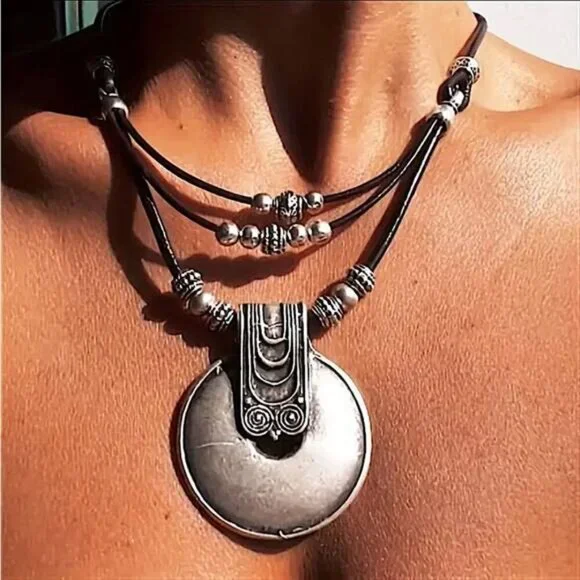 Boho, Hippy, Tribal Statement Necklace Leather Bohemian - Picture 4 of 5